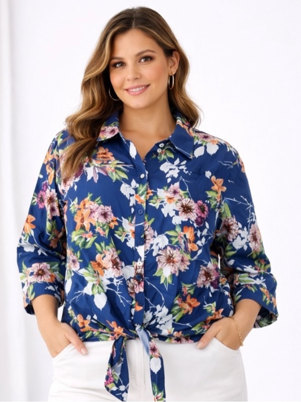 Chico's Blue Floral Tie-Front Button Blouse